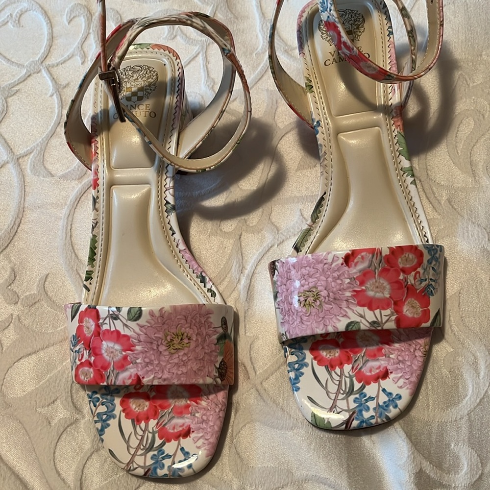 Floral sandals, beautiful and very comfortable. Worn once to a wedding.